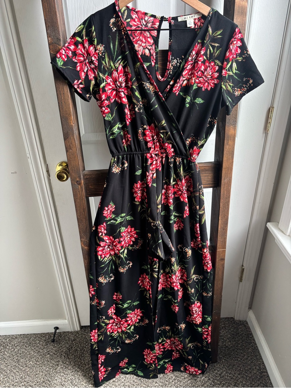 Miami Black Jumsuit Dress with Red Floral Print